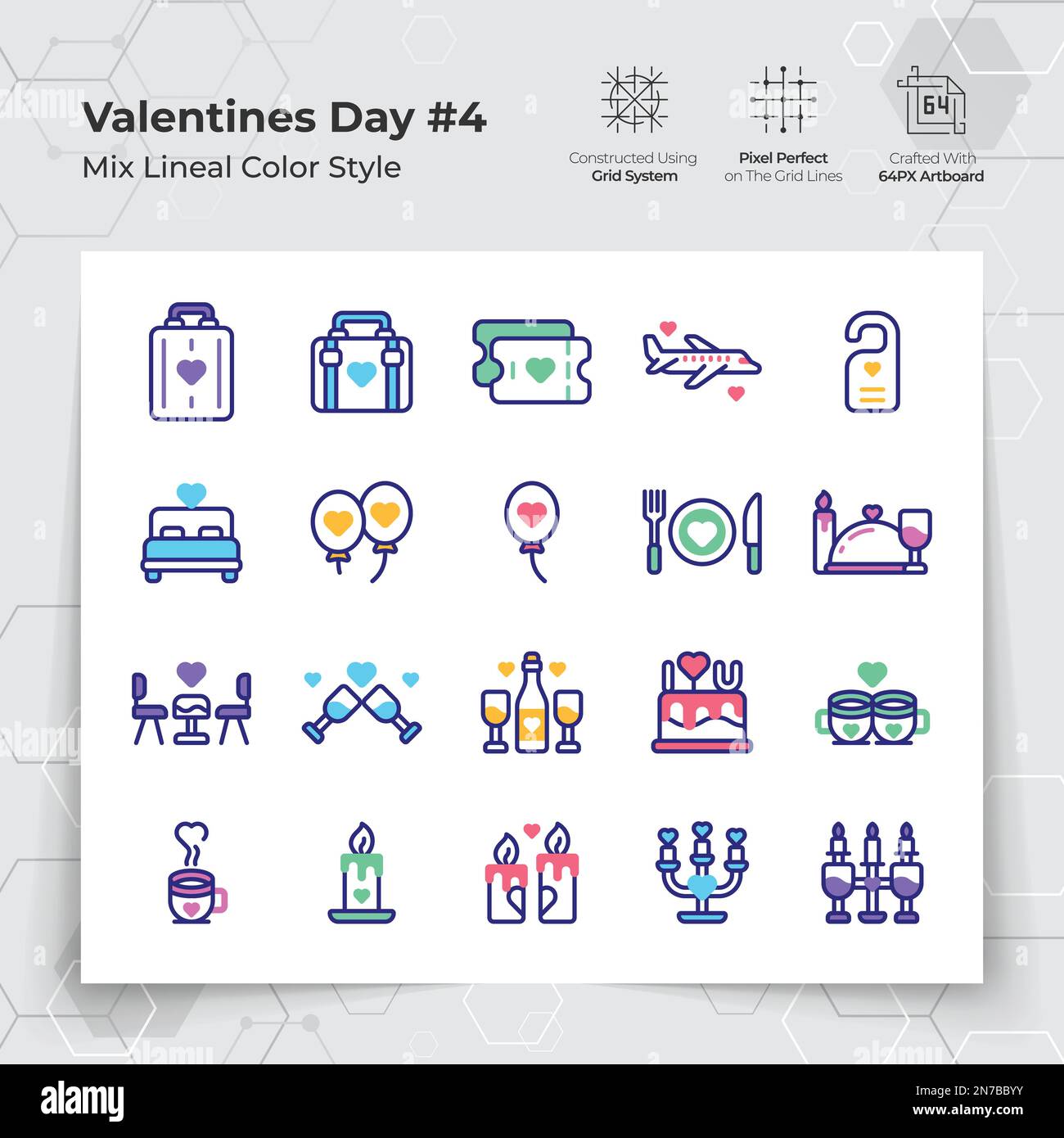 Valentine's day icons set in line color fill style with holiday traveling and dinner themed. A Collection of love and romance vector for Valentine Stock Vector