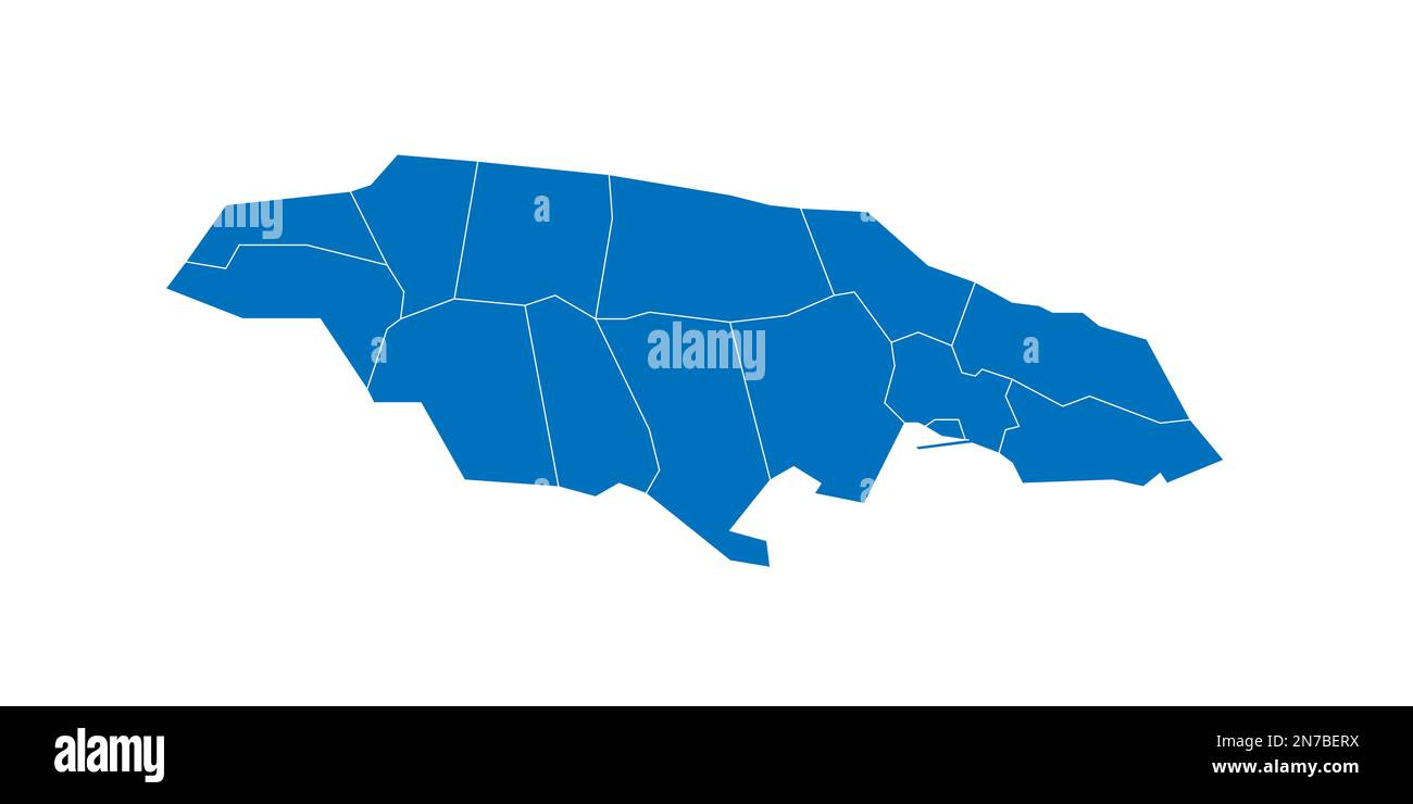 Jamaica political map of administrative divisions - parishes. Solid blue blank vector map with 