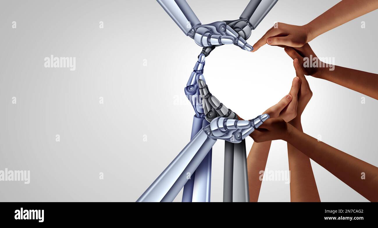 Unity and diversity partnership as heart hands in a group of diverse people and robots connected together as Cybernetics and transhumanism Stock Photo