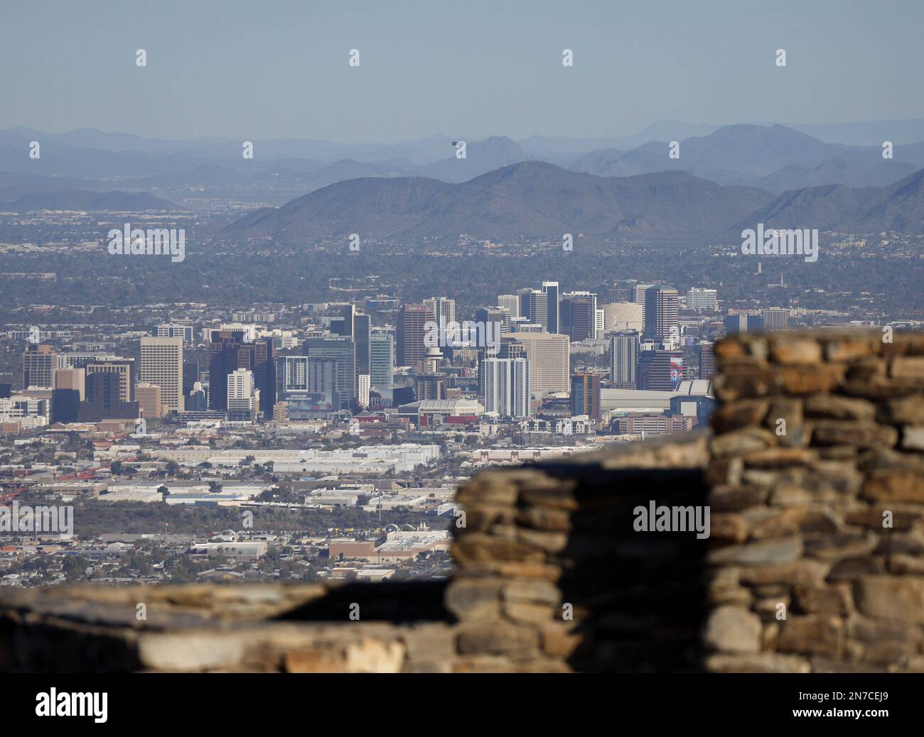 Phoenix, United States. 09th Feb, 2023. Aircraft fly over the downtown