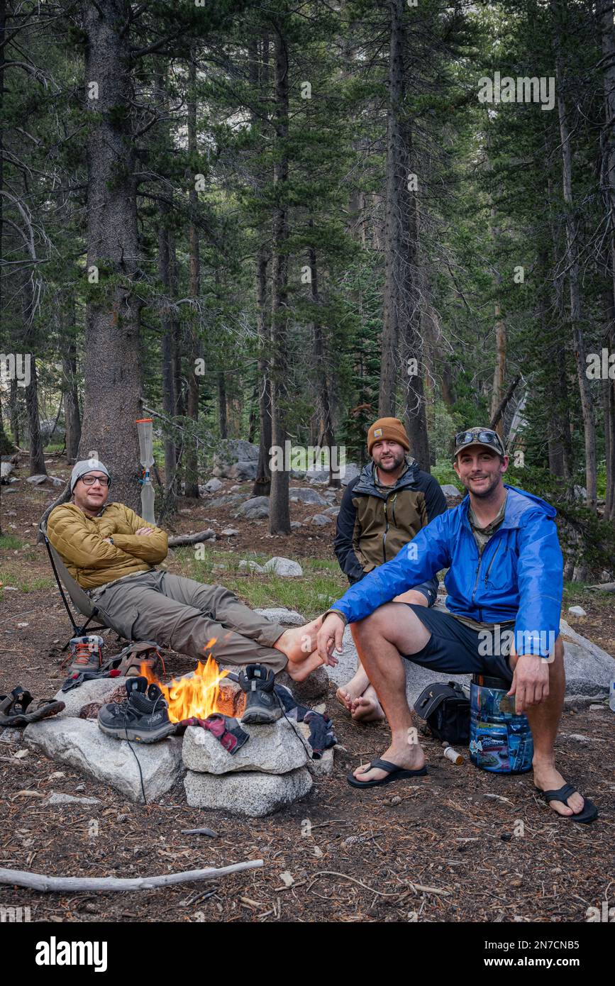 At camp after hiking along the John Muir Trail near LeConte Canyon in Kings Canyon National Park. Stock Photo