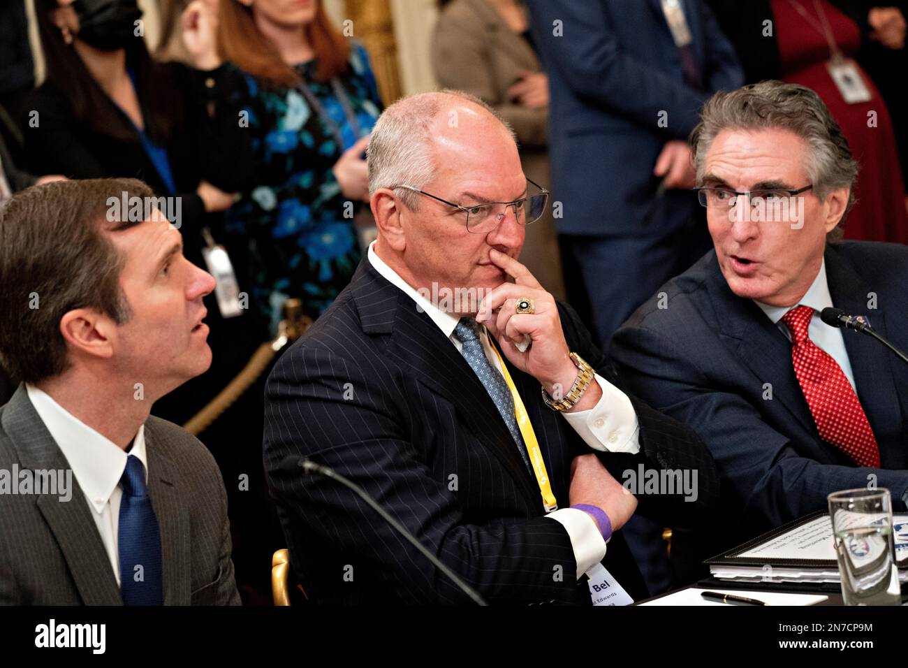 From left: Governor Andy Beshear (Democrat of Kentucky), Governor John Bel Edwards (Democrat of Louisiana), and Governor Doug Burgum (Republican of North Dakota), attend the National Governors Association Winter Meeting in the East Room of the White House in Washington, DC, US, on Friday, Feb. 10, 2023. President Biden yesterday denied his administration is considering deporting major numbers of non-Mexican immigrants, saying he didn't think there was a need to do that even if pandemic-era border restrictions are lifted. Credit: Andrew Harrer/Pool via CNP Stock Photo