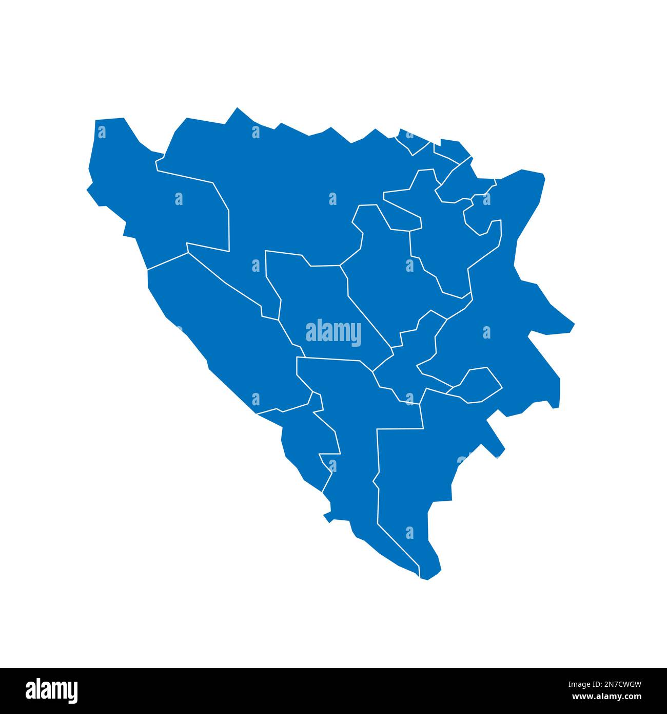 Bosnia and Herzegovina political map of administrative divisions - cantons of Federation of Bosnia and Herzegovina and Republika Srpska. Solid blue blank vector map with white borders. Stock Vector