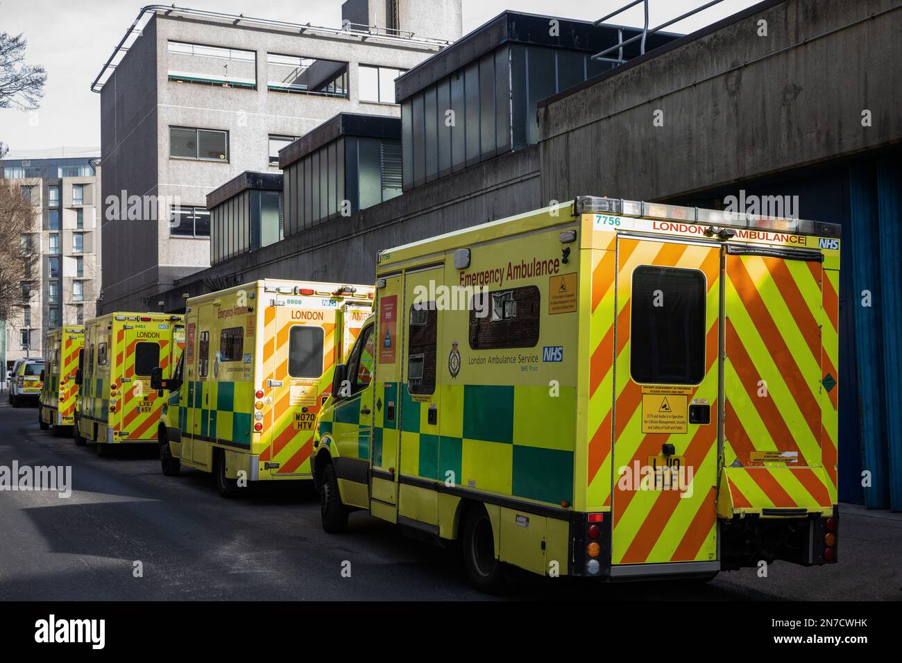 London, UK. 10th February, 2023. Emergency ambulances are pictured