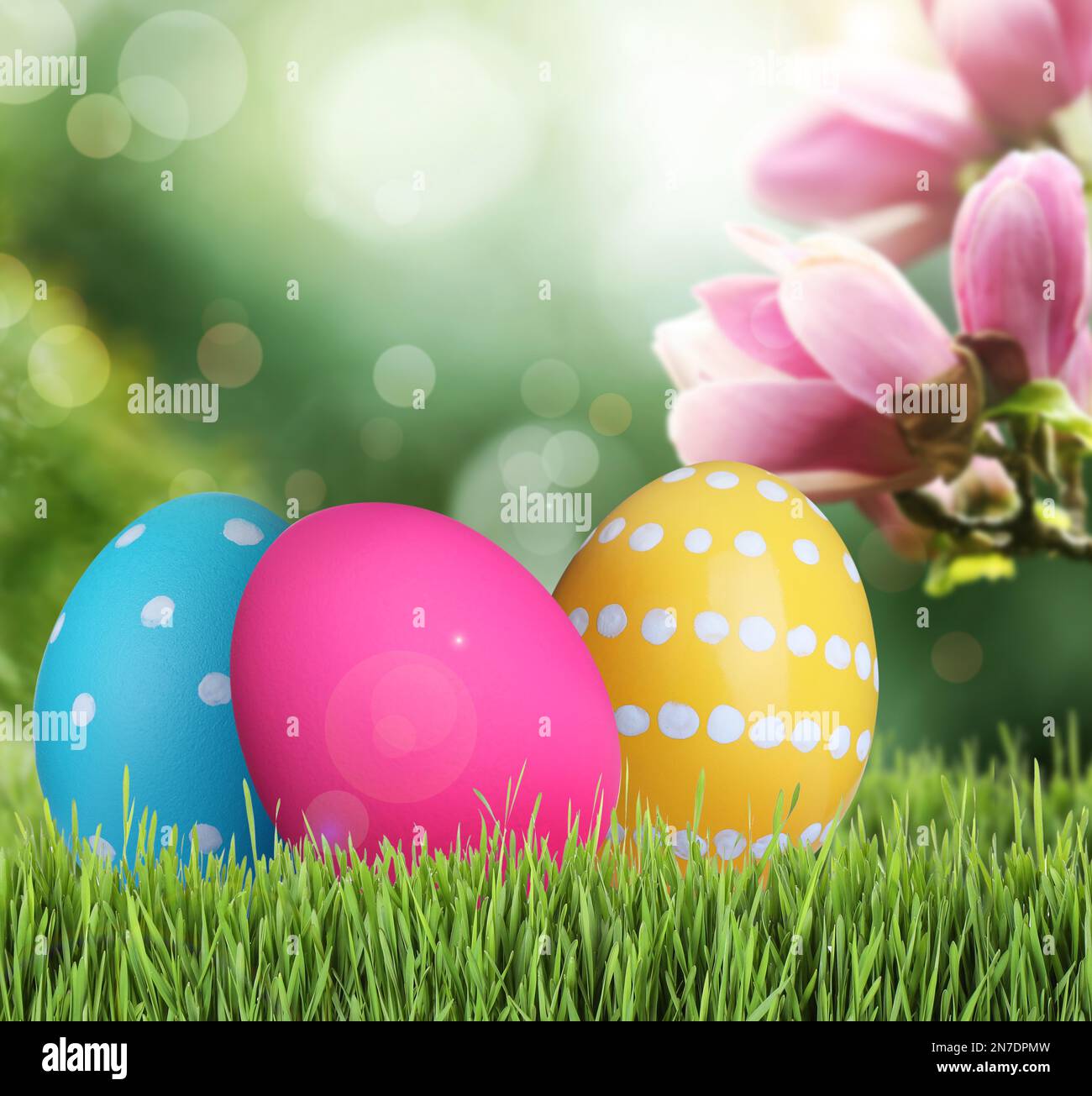 Bright Easter eggs on green grass outdoors Stock Photo