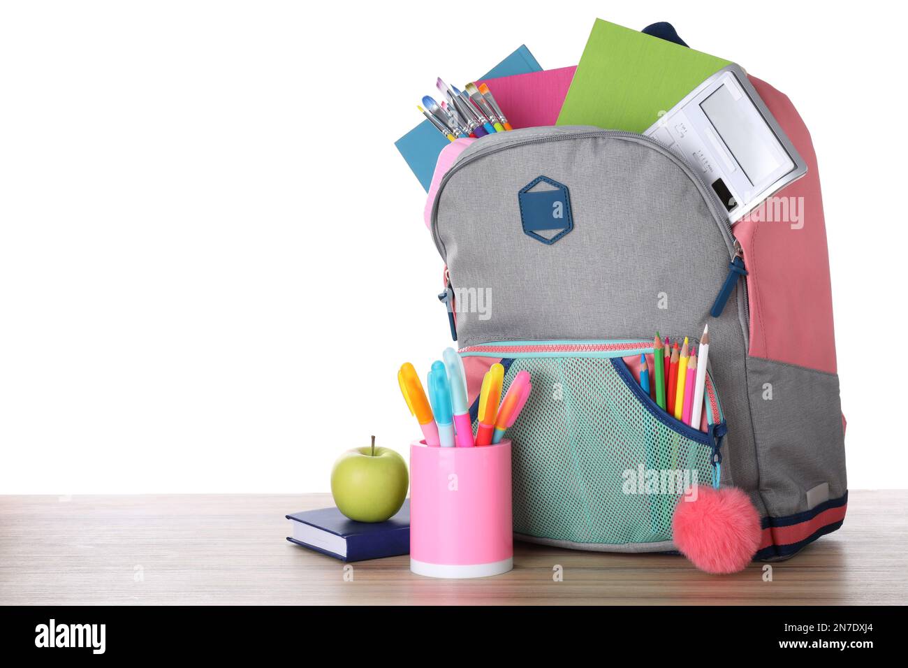 Modern backpack with stationery on white background Stock Photo - Alamy