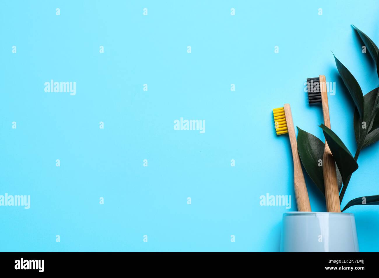 Holder with bamboo toothbrushes on light blue background, top view ...