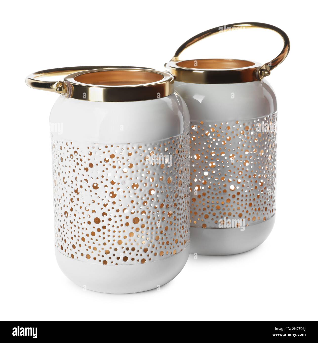 Stylish gold candle holders on white background Stock Photo Alamy