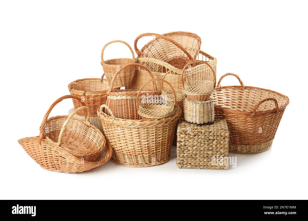 Many different wicker baskets isolated on white Stock Photo Alamy
