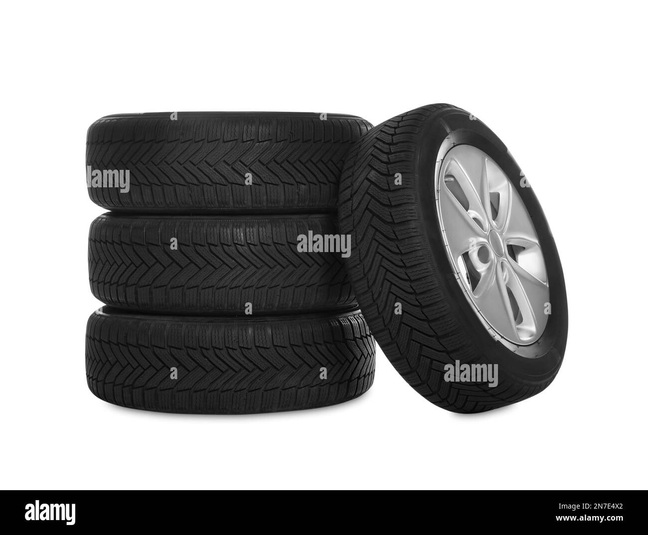 Set of wheels with winter tires on white background Stock Photo Alamy
