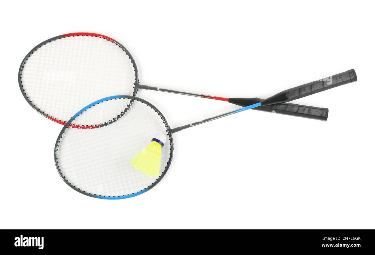 Rackets and shuttlecock on white background, top view. Badminton equipment Stock Photo Alamy