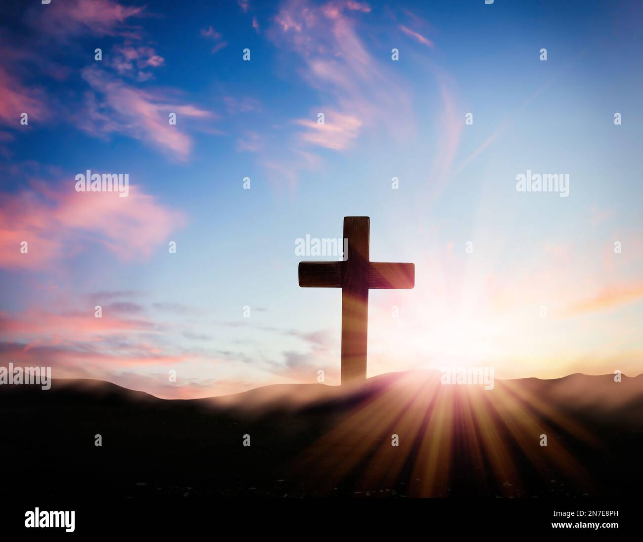 Christian cross on hill outdoors at sunrise. Resurrection of Jesus ...