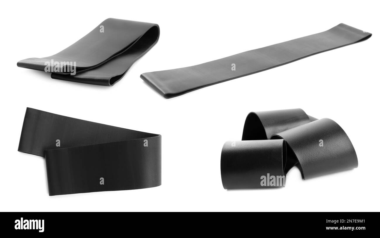 Set of black fitness elastic bands on white background, banner design