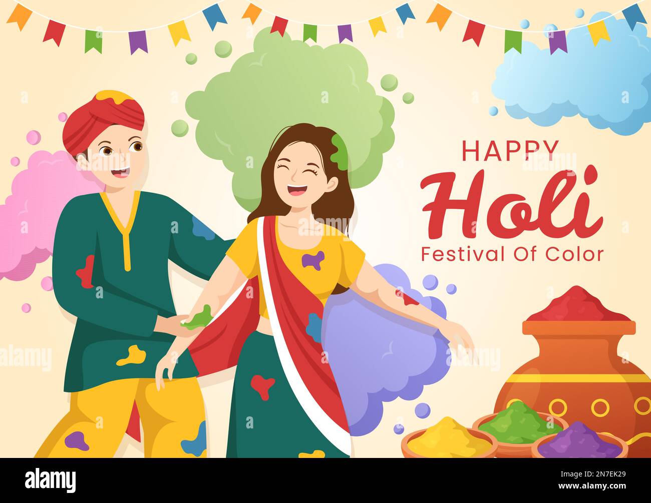 Happy Holi Festival Illustration with Colorful Pot and Powder In Hindi for  Web Banner or Landing Page in Flat Cartoon Hand Drawn Templates Stock  Vector Image & Art - Alamy