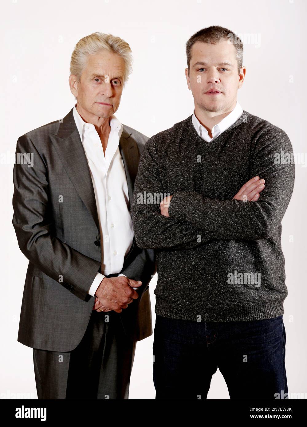 In this Jan. 4, 2013 photo, actors Michael Douglas, left, and Matt Damon,  from the HBO film "Behind the Candelabra", pose for a portrait in Pasadena,  Calif. The film premieres Sunday, May
