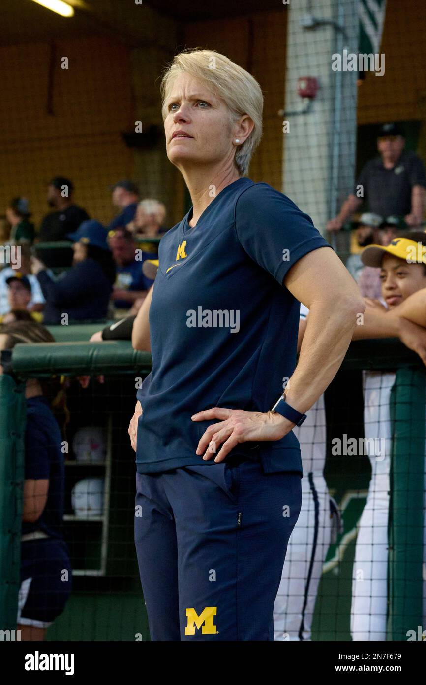 Michigan Wolverines head coach Bonnie Tholl before a game against the USF  Bulls on February 9, 2023 at USF Softball Stadium in Tampa, Florida. (Mike  Janes/Four Seam Images via AP Stock Photo -