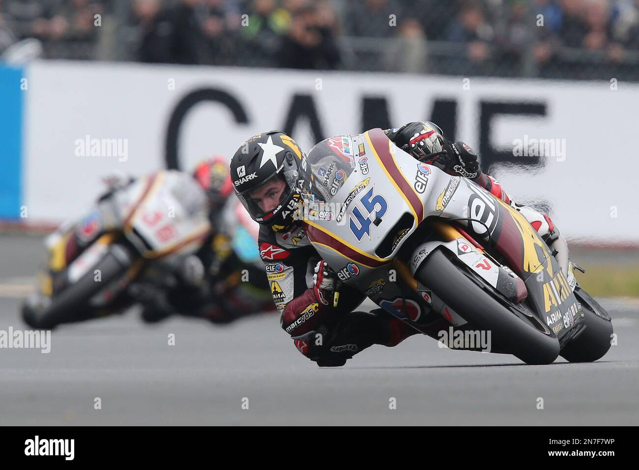 Moto2 rider Scott Redding of Great Britain powers his Kalex in a curve  ahead of Mika Kallio of Finland during the French Grand Prix, in Le Mans,  western France, Sunday, May 19,