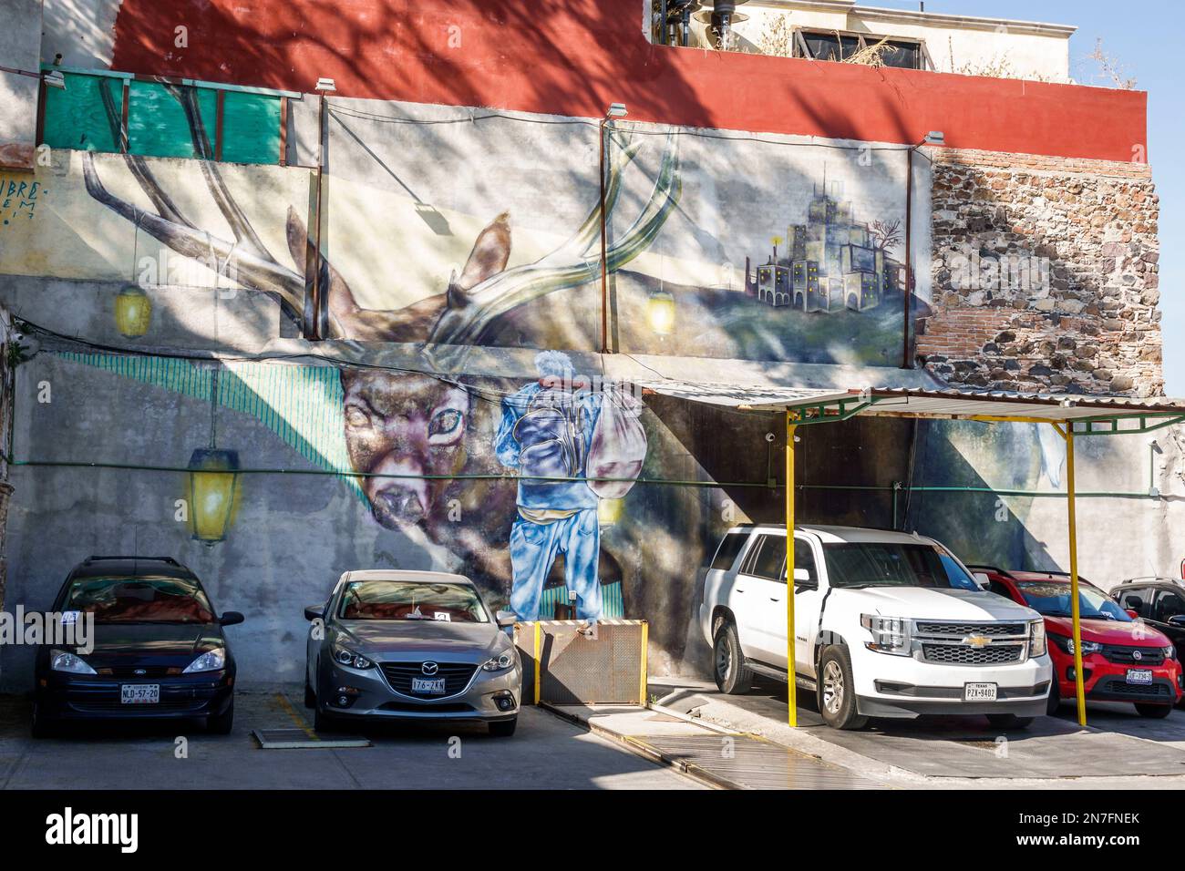 San Miguel de Allende Guanajuato Mexico,Historico Central historic center Zona Centro,parking lot car park mural art artwork Stock Photo