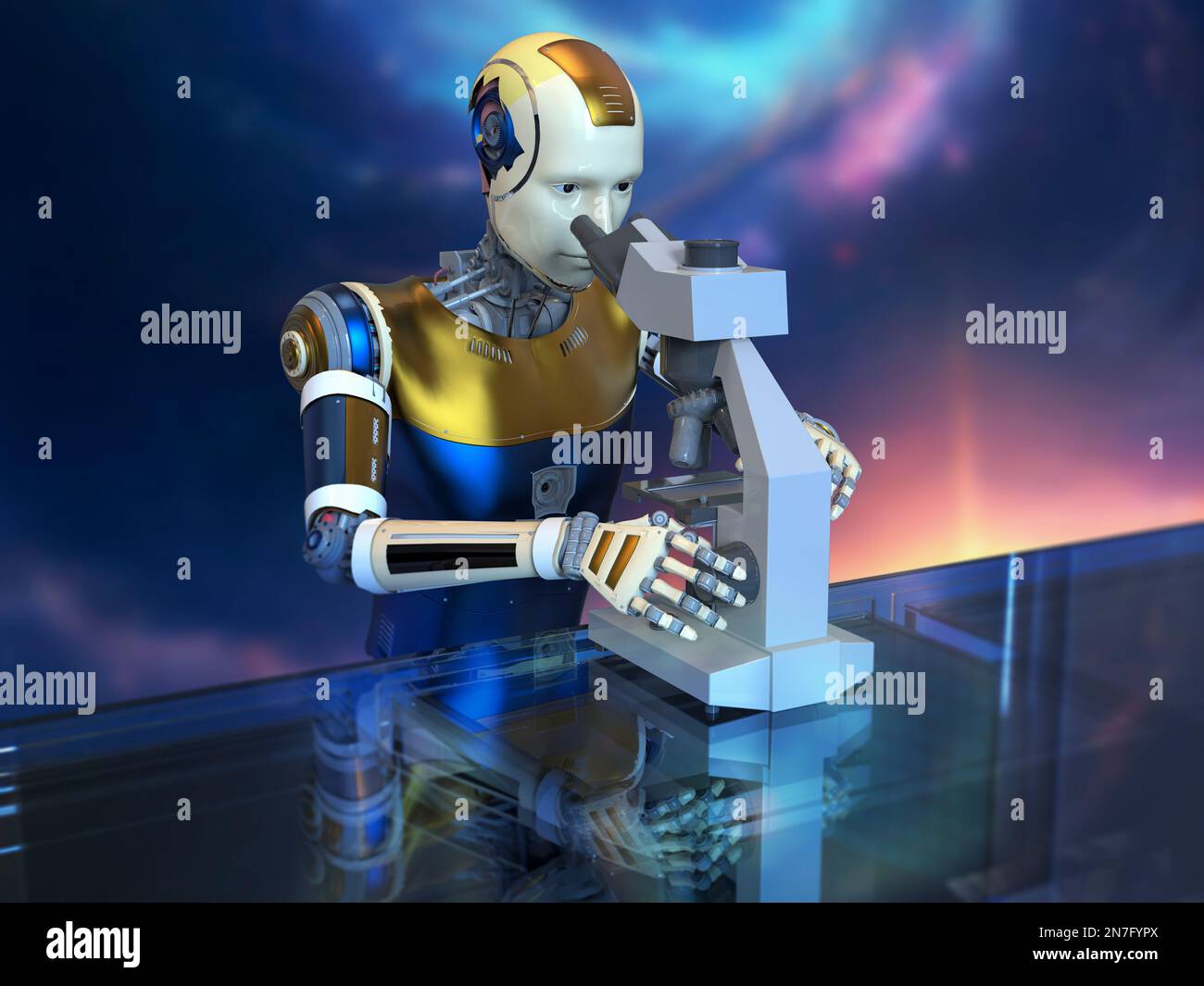 Humanoid robot using a microscope, illustration Stock Photo