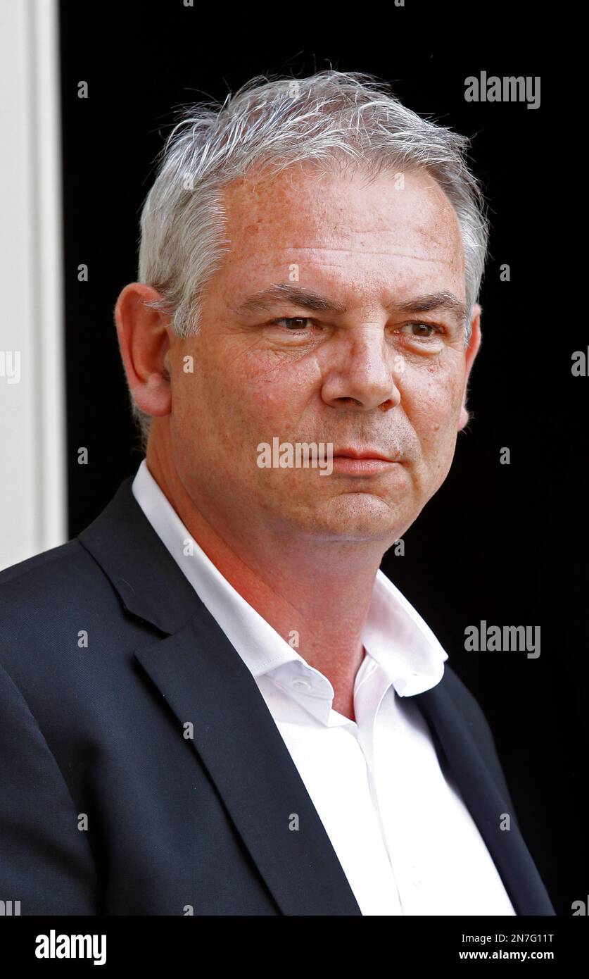 French CGT labour union leader Thierry Lepaon addresses reporters as he ...