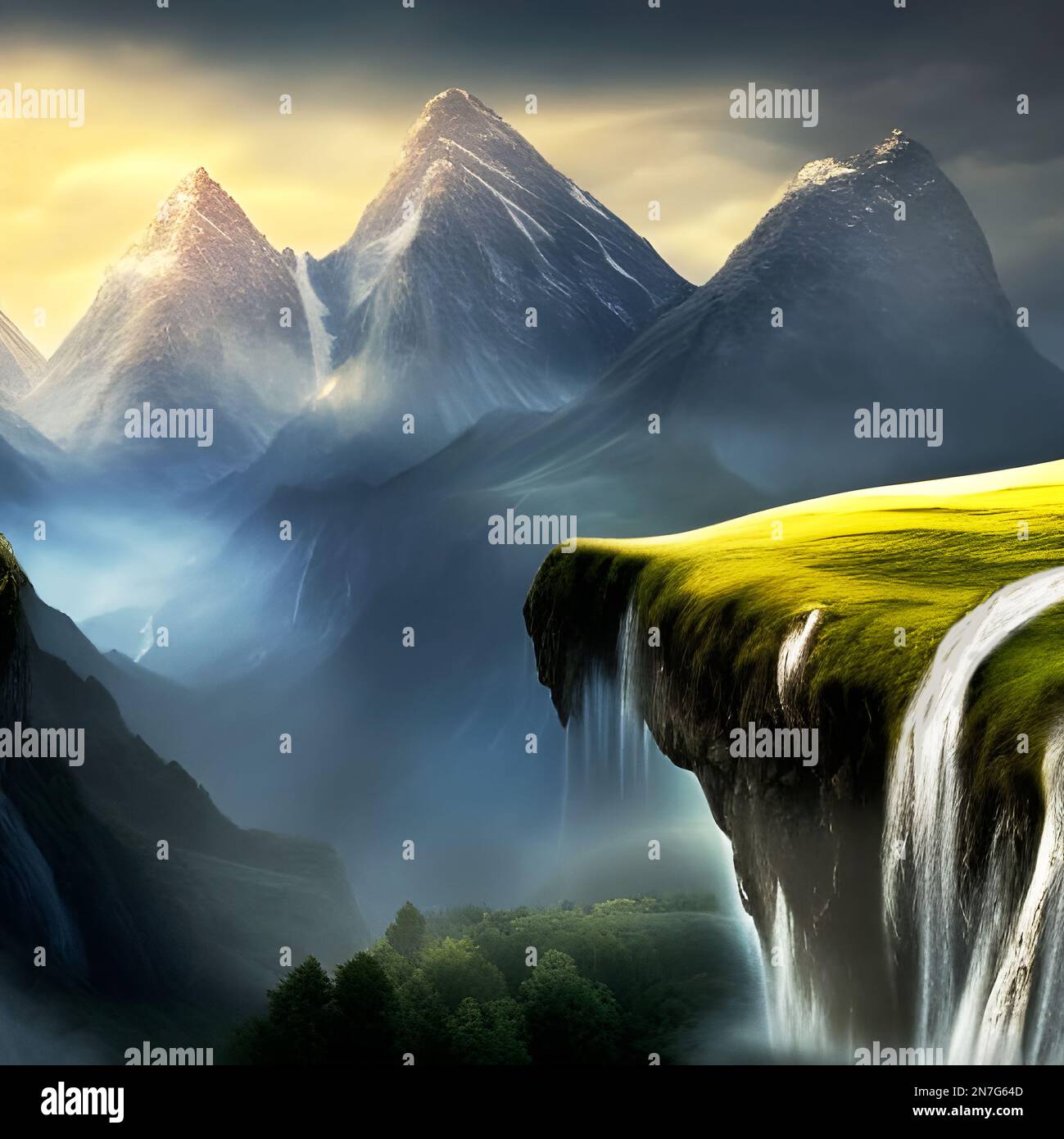 Small waterfall and mountain landscape depiction. Stock Photo