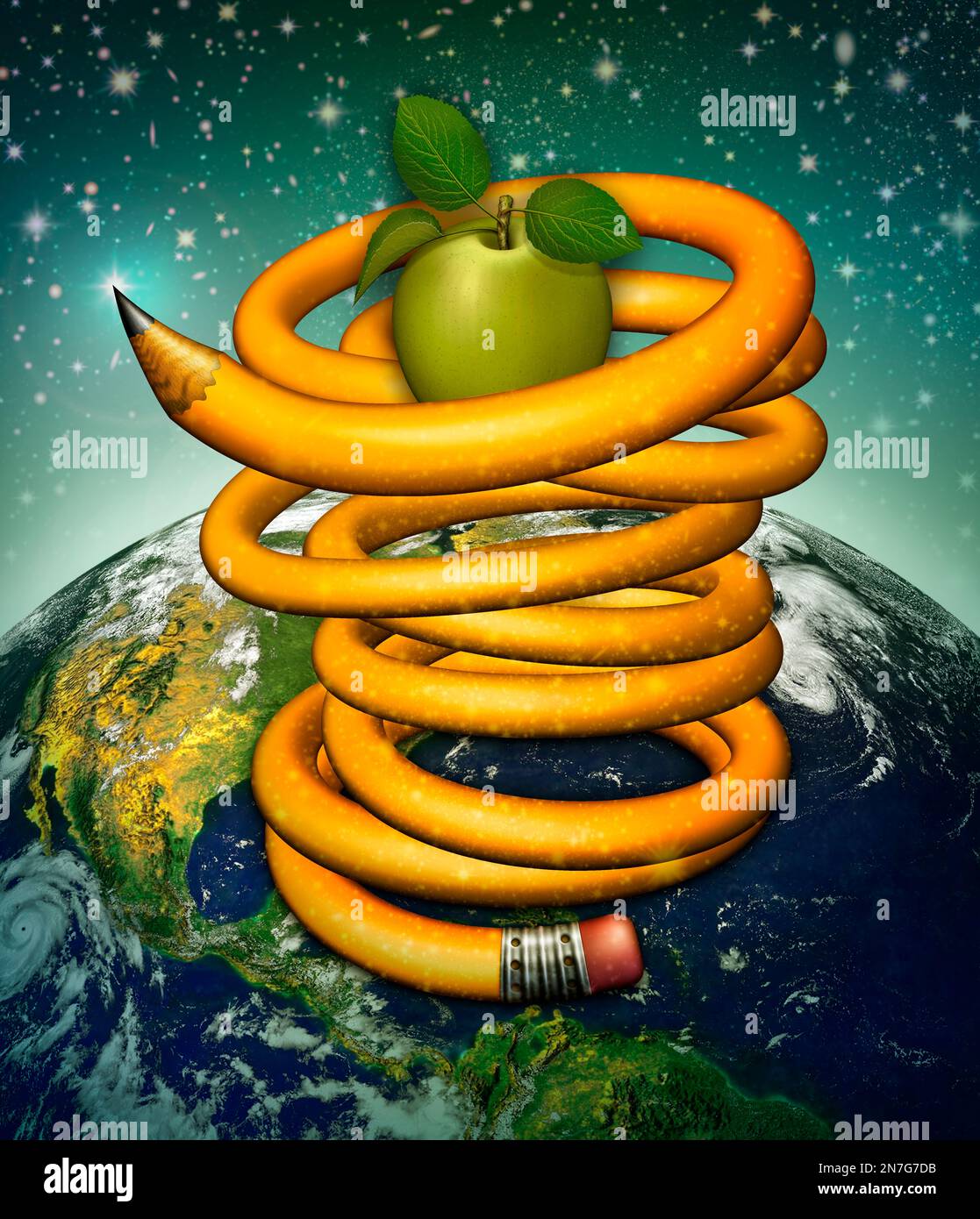 Fantastical illustration of a green apple above the earth with a pencil ...
