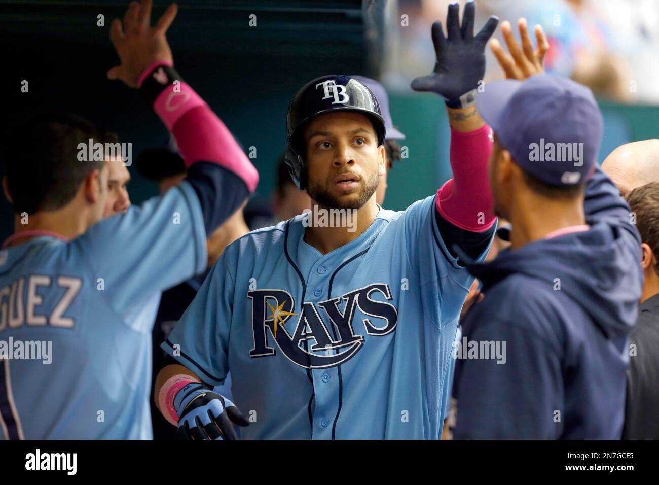 Tampa Bay Rays' James Loney is congratulated on his home run during the