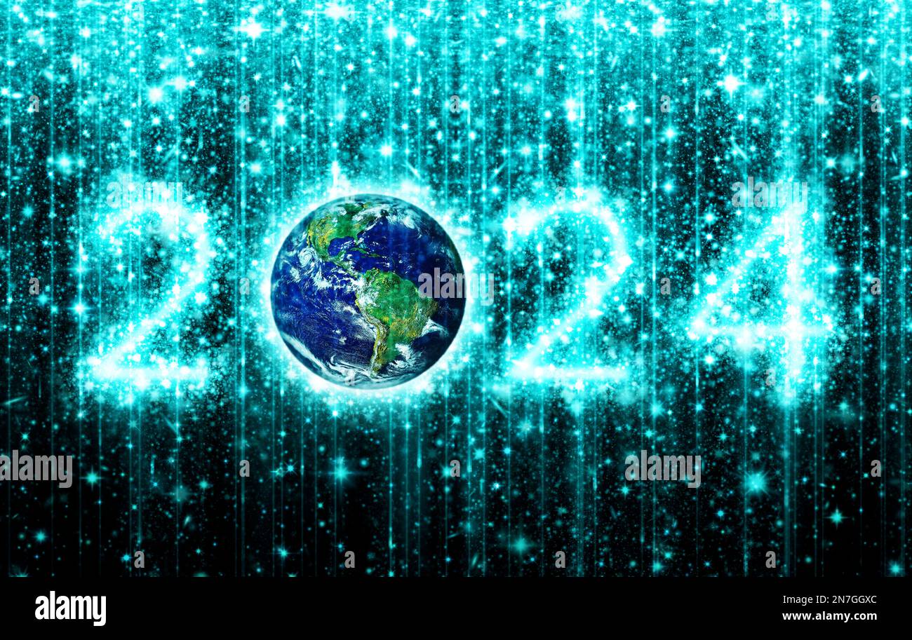 The year 2024 created out of clusters of stars and the earth against a