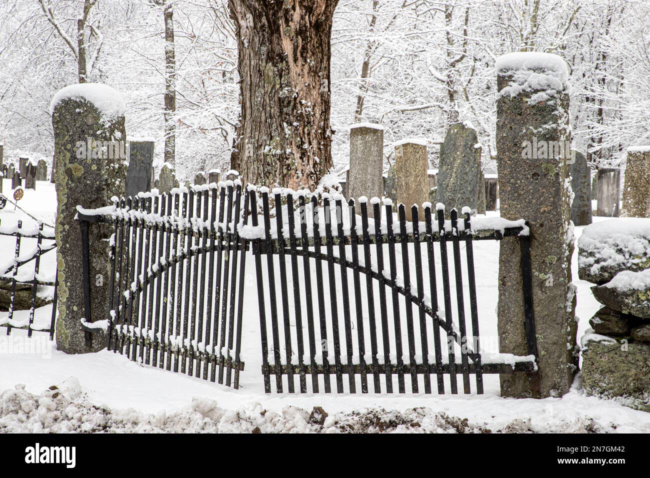 A winter storm covered everything in snow in Phillipston, Massachusetts Stock Photo