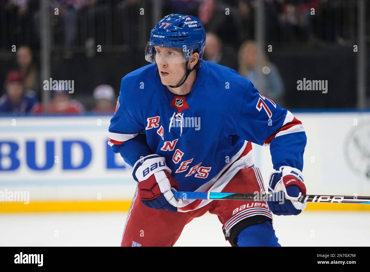 New York Rangers' Niko Mikkola (77) during the first period of an NHL  hockey game against the Seattle Kraken Friday, Feb. 10, 2023, in New York.  (AP Photo/Frank Franklin II Stock Photo - Alamy