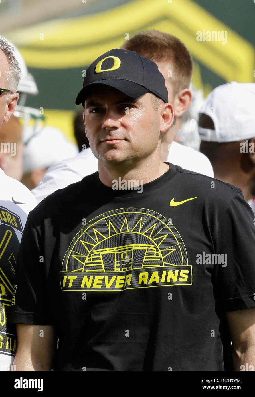 Oregon football coach Mark Helfrich is shown during their Spring