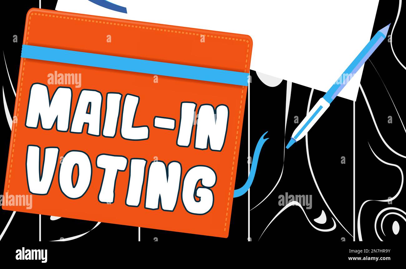 Text caption presenting Mail In Voting. Word for voting in an election where ballot papers are