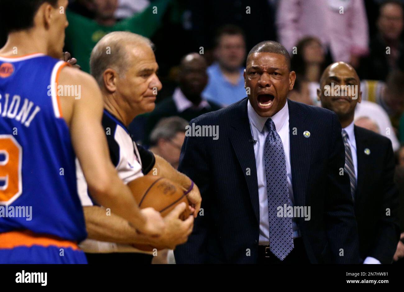 Boston Celtics head coach Doc Rivers argues a call with referee