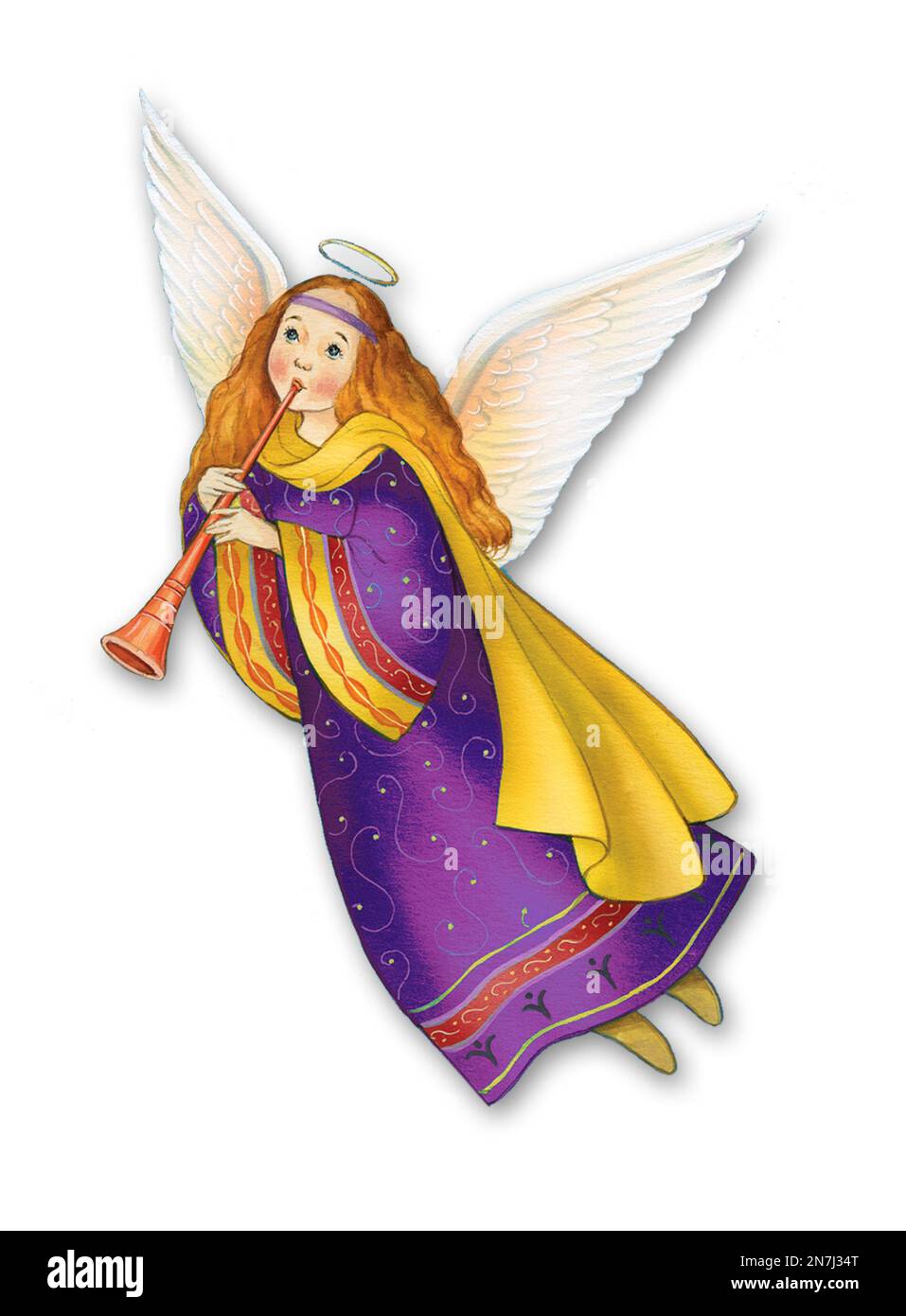 Christmas Angel in purple gown playing flute whilst floating artwork. Stock Photo