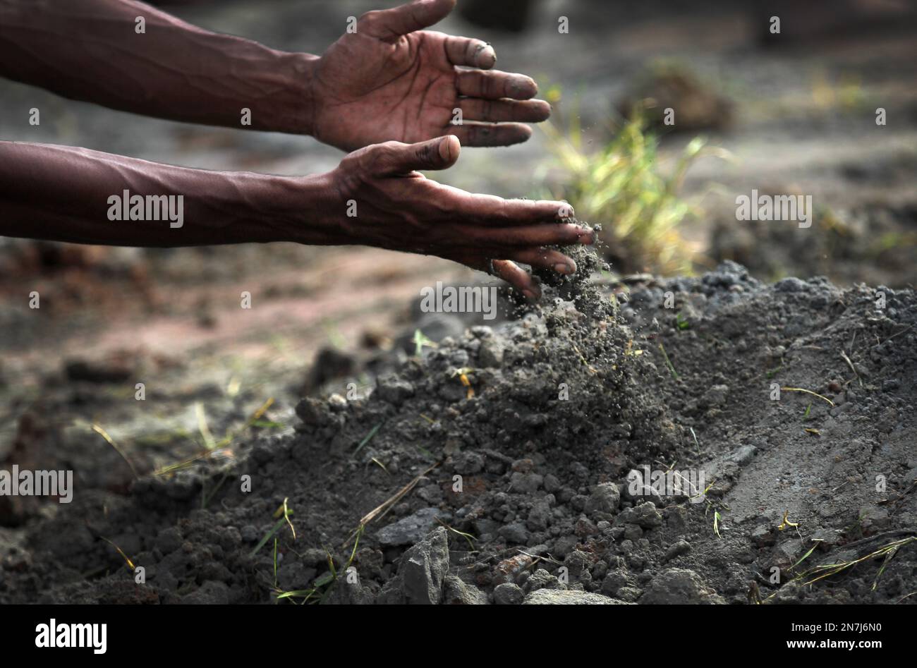 A man pours earth onto a grave where an unclaimed body of the garment