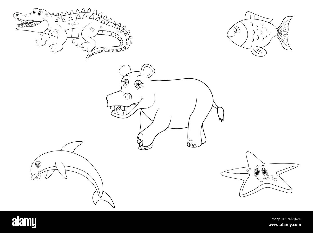 Ocean animals thin line art coloring set isolated on a white background
