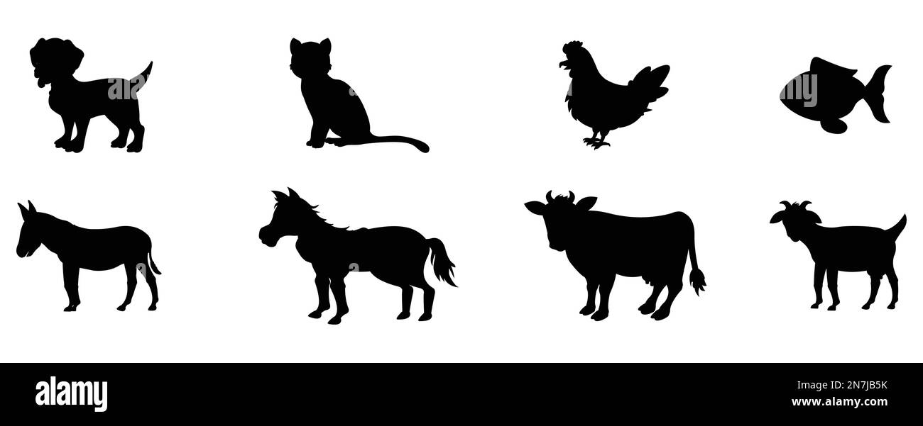 Different farm animals silhouettes set vector illustration isolated on a white background Stock Vector