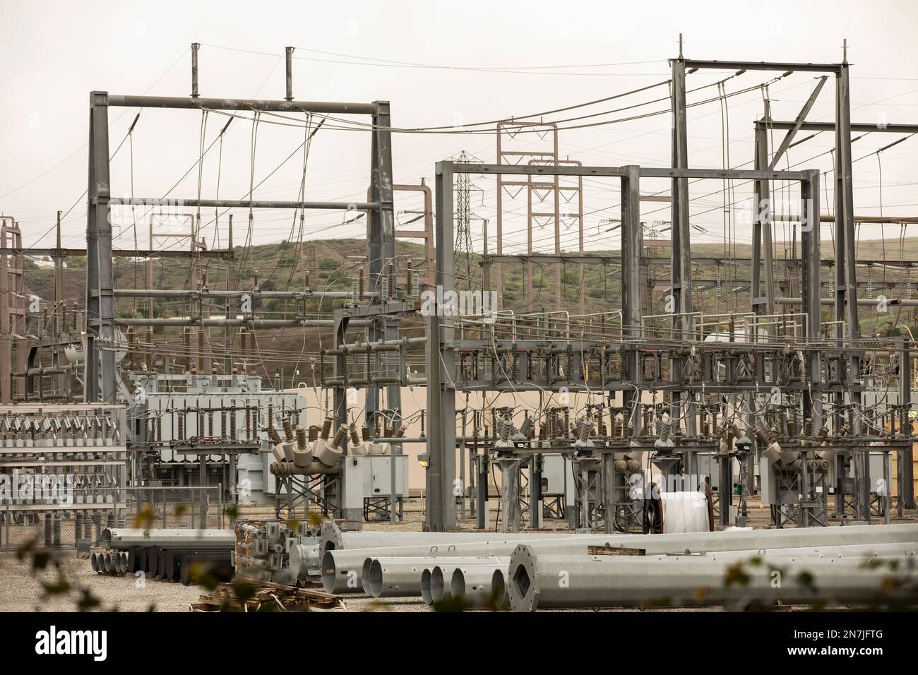 Daytime view of an electrical substation on a cloudy day. Stock Photo