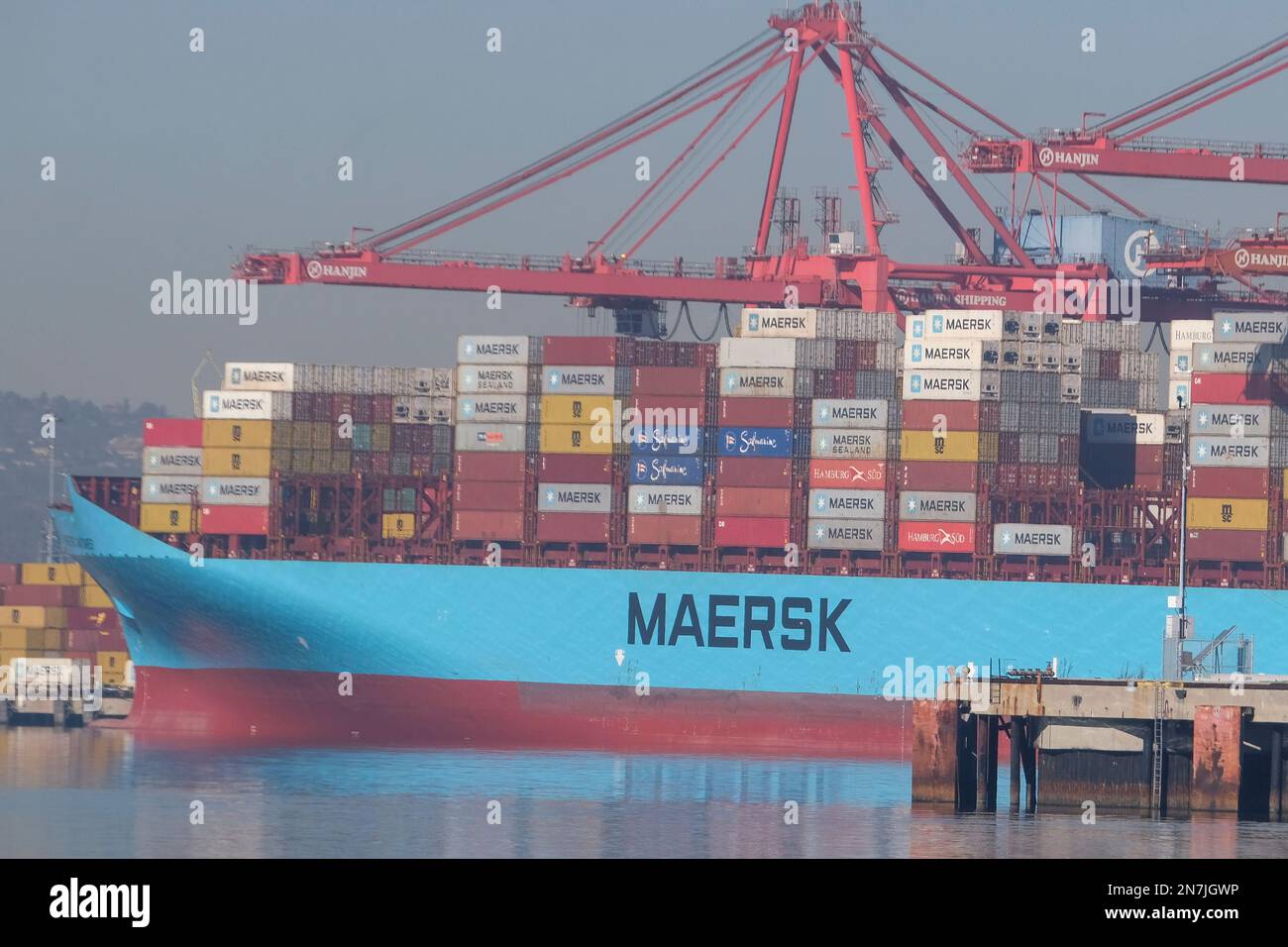 Los Angeles, United States. 09th Feb, 2023. The MAERSK cargo ship is