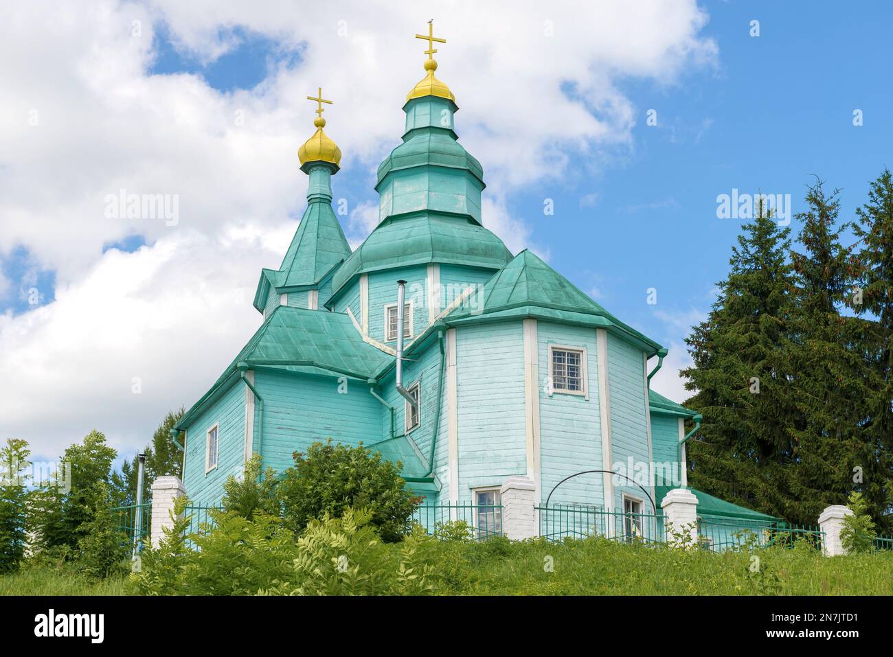 Ancient wooden church of the Descent of the Holy Spirit (1747) close-up on July afternoon. Plissy. Pskov region, Russia Stock Photo