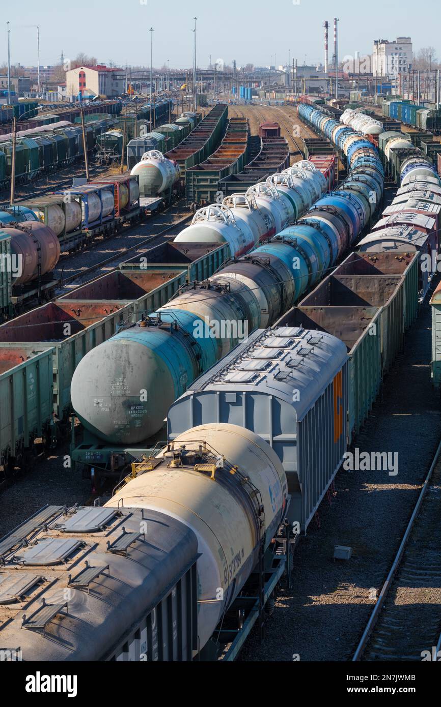 SAINT PETERSBURG, RUSSIA - APRIL 19, 2022: Freight trains on the marshalling yard of St. Petersburg-Sortirovochny station on April afternoon Stock Photo