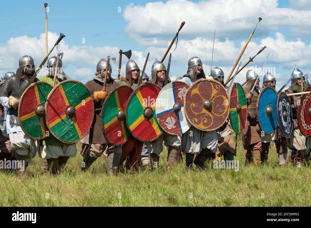 TVER REGION, RUSSIA - JULY 22, 2022: Medieval wars before the start of the battle on a summer day. Historical festival 'Epic Coast-2022' Stock Photo