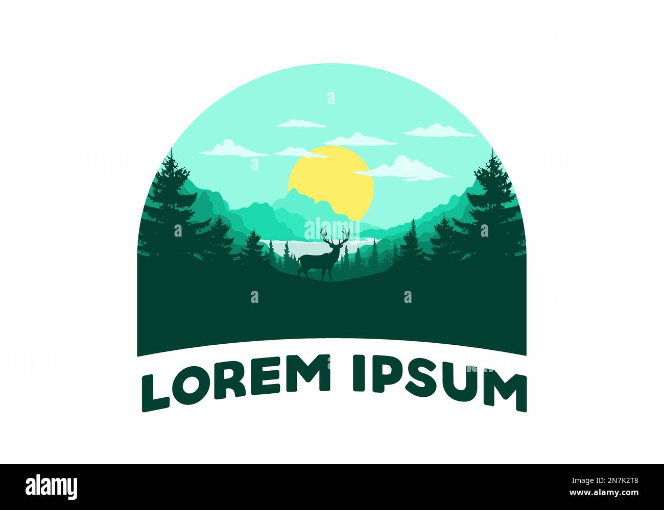 Landscape art illustration of a deer standing in front of the lake