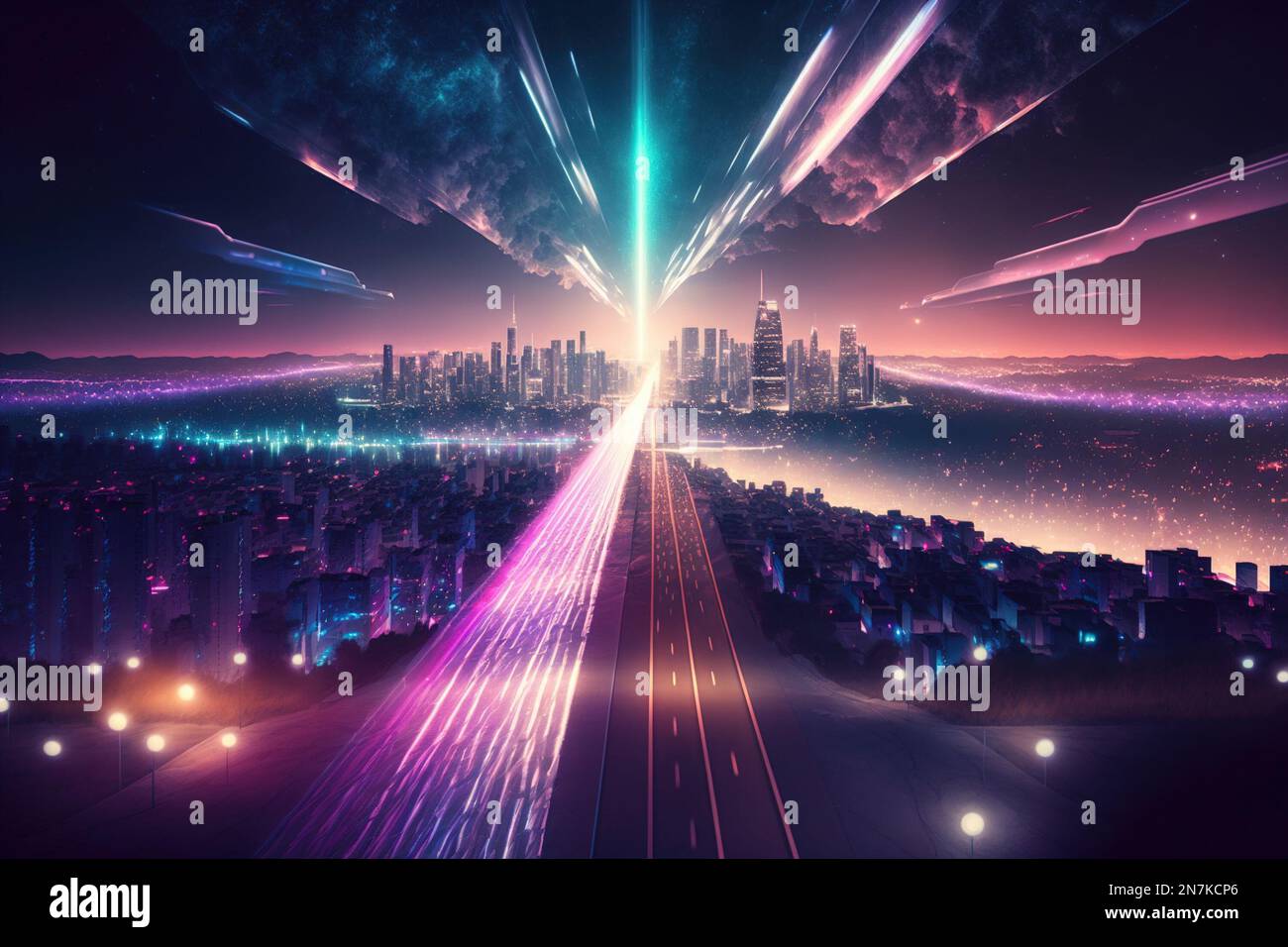a futuristic cityscape with a lot of lights in the sky with quantum