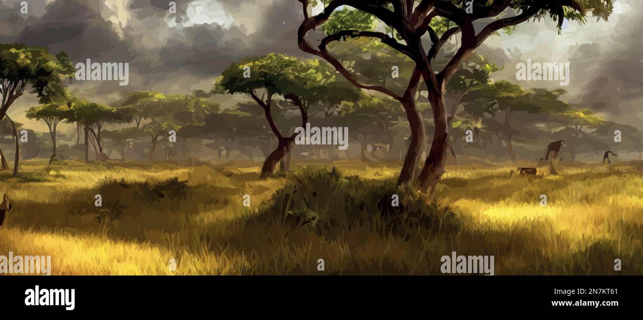 Wild savanna landscape. Savannah, African wild nature with acacia trees, grass, sand and water