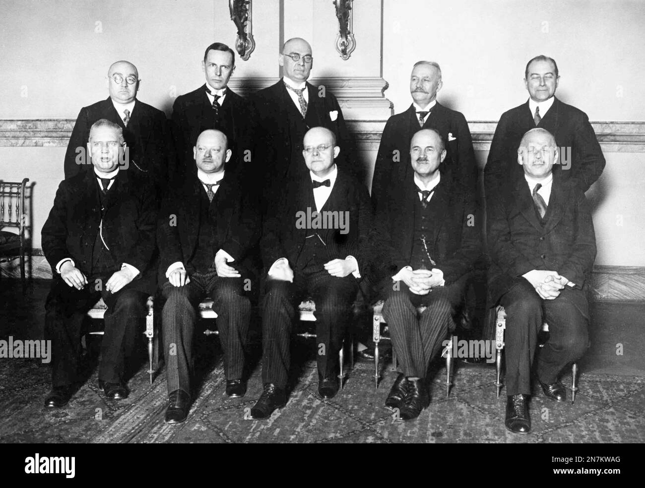 German Chancellor Wilhelm Marx, middle front seated, with his new Cabinet  in January 1927. Front row left to right: Heinrich Brauns, Minister of  Labour; Gustav Stressman, Foreign Minister; Chancellor Marx; Oskar Hergt,