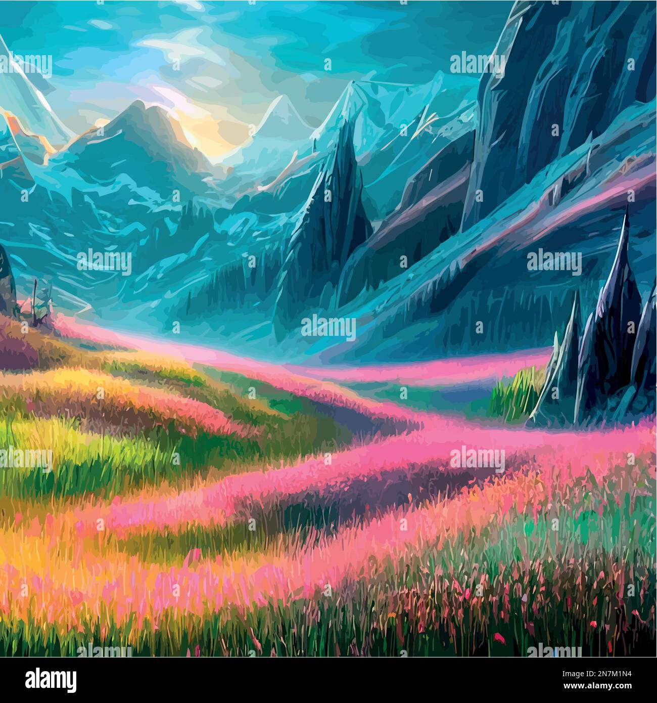 Beautiful field of tulips growing on the slope, mountains and sky ...