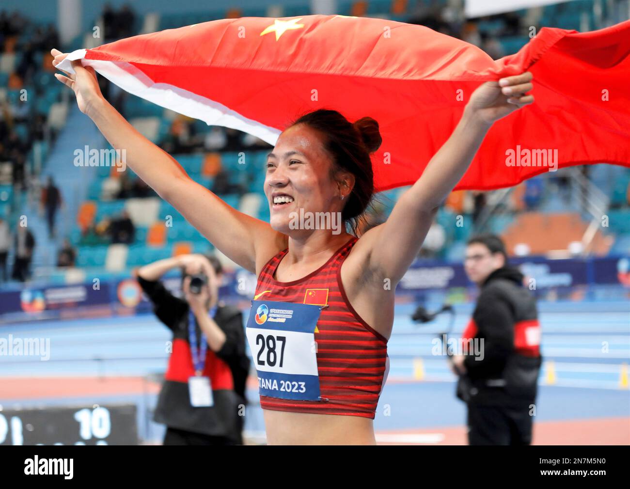 Astana. 10th Feb, 2023. He Wuga of China celebrates after the women's