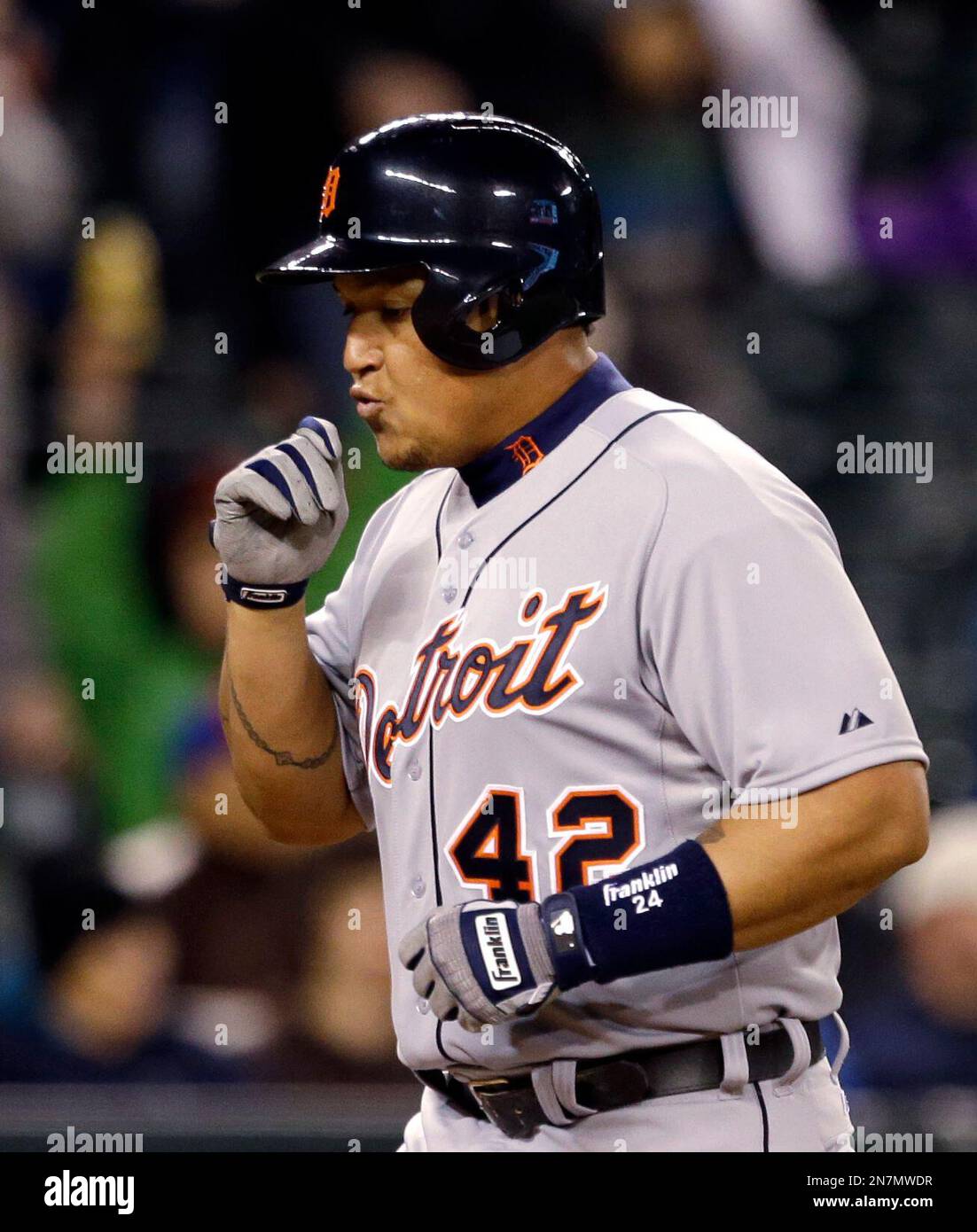 Detroit Tigers designated hitter Miguel Cabrera kisses his son Christopher  during a pregame ceremony of a baseball game against the Toronto Blue Jays,  Sunday, June 12, 2022, in Detroit. Cabrera was honored