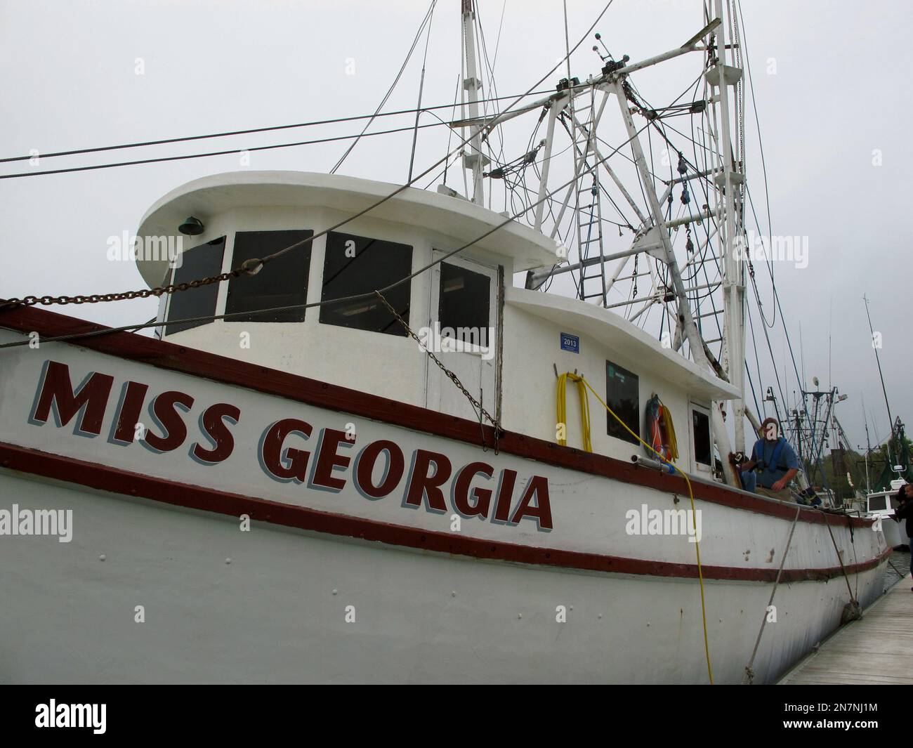 The shrimp boat Miss is moored at a dock in McClellanville on
